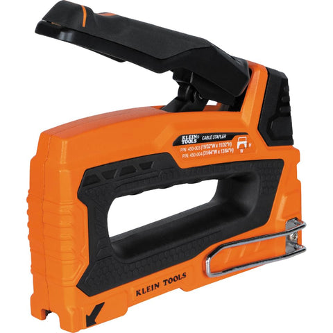 Klein Tools 45001 heavy-duty staple gun viewed from the front for secure cable stapling.