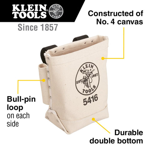Klein Tools 5416 tool pouch hangs on a belt for hands-free access.
