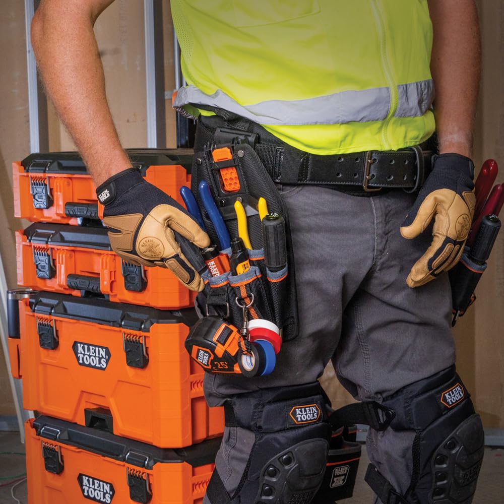 Klein Tools MODbox pouch universal belt clip fits belts up to 2.5 inches.