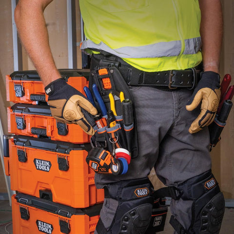 Klein Tools MODbox pouch universal belt clip fits belts up to 2.5 inches.