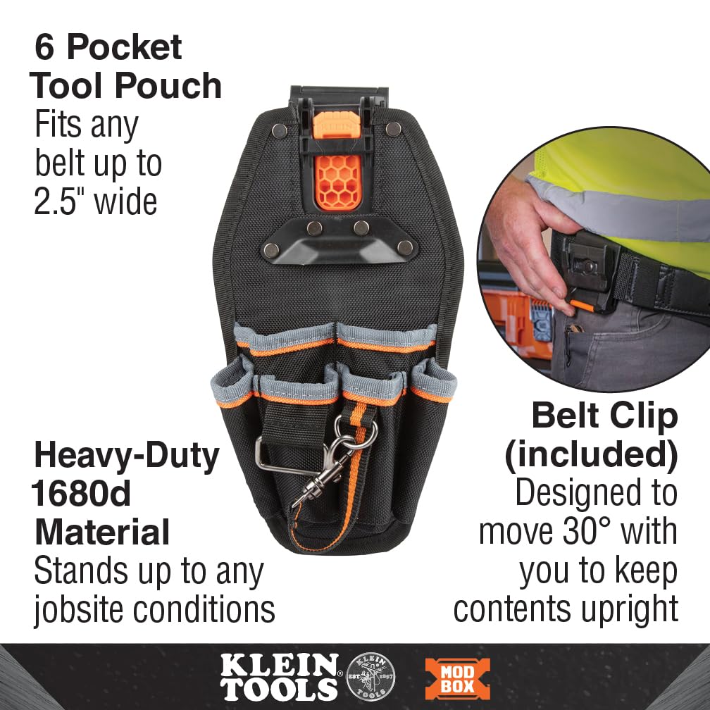 Klein Tools MODbox pouch on belt demonstrates quick access during busy jobs.