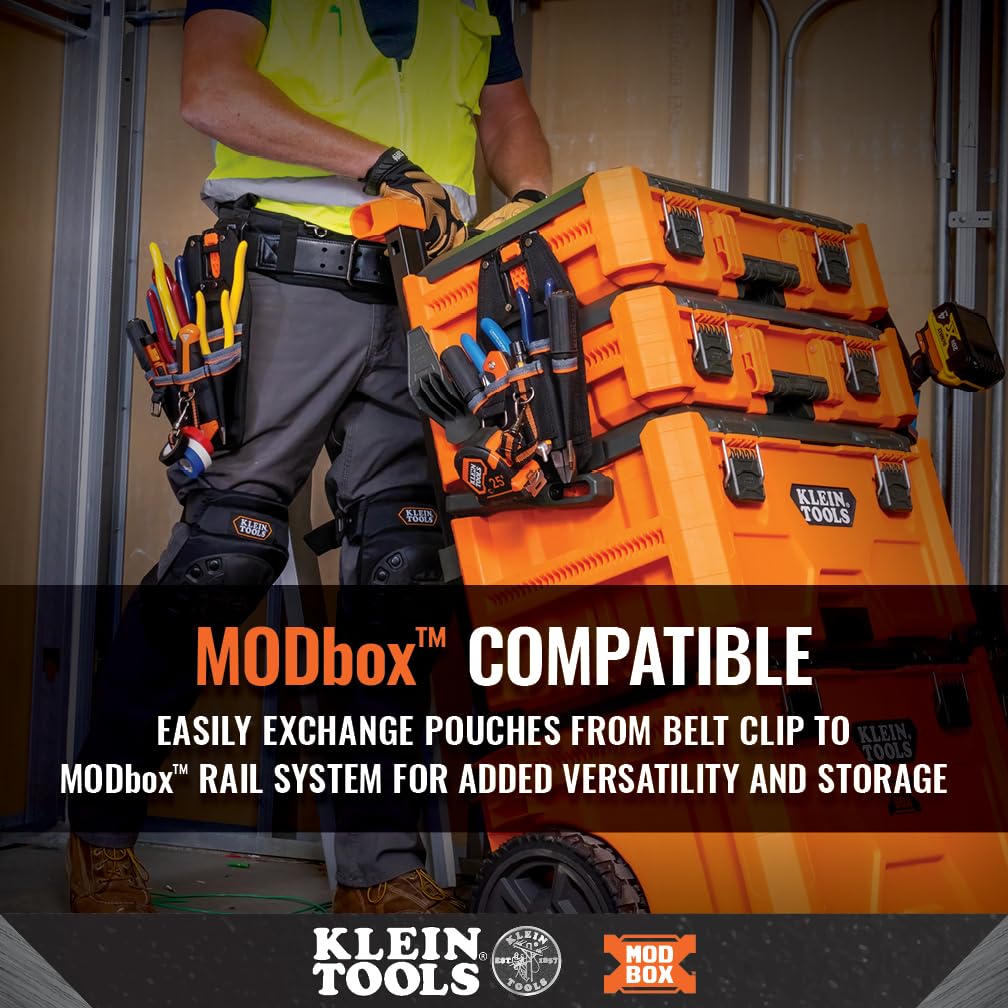 Klein Tools MODbox pouch with quick attach release shown in action.