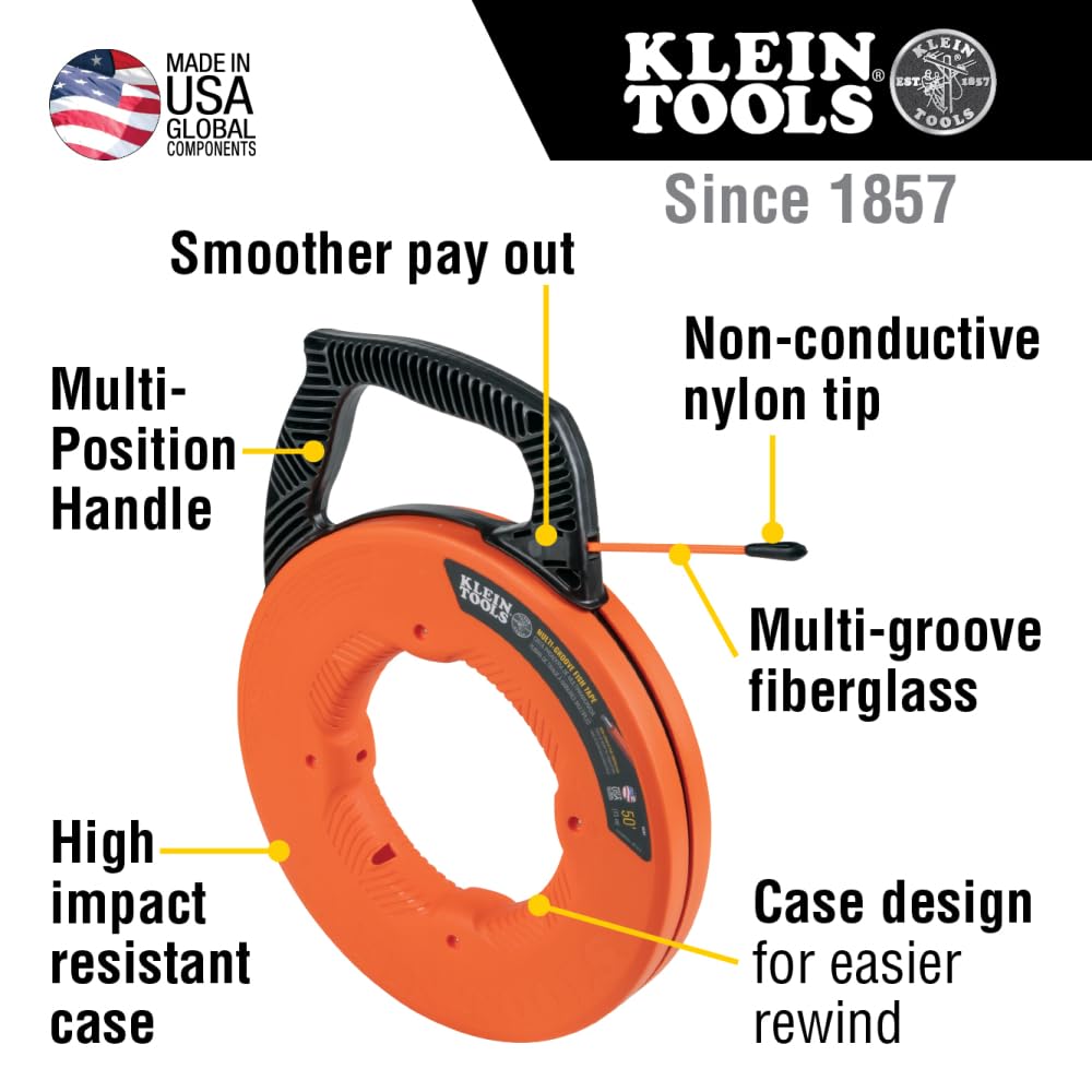 Klein Tools 56383 fiberglass fish tape multi-groove design for smoother feeding