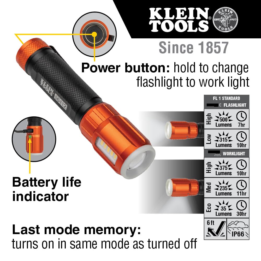 Klein Tools 56412 rechargeable via USB-C for on-site power.
