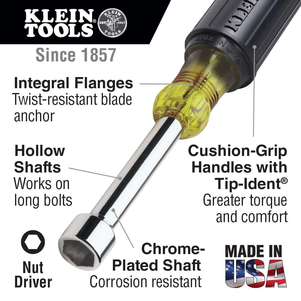 Klein Tools 631 hollow shaft close-up enabling work on long bolts.