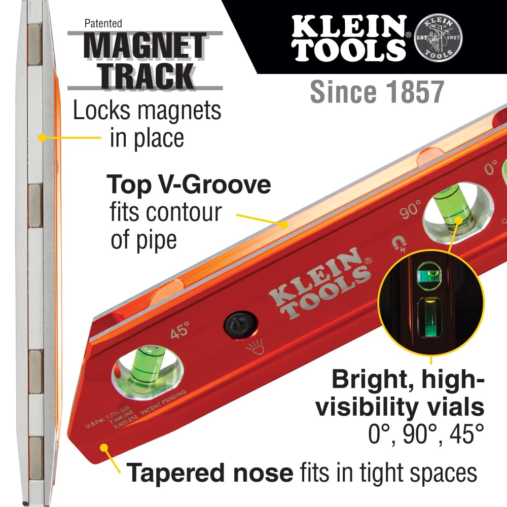 Klein Tools 935RBLT level shows readings at 0/45/90 with bright LED vials.
