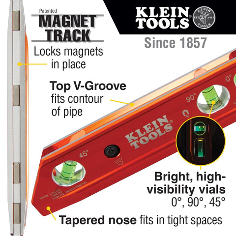Klein Tools 935RBLT level shows readings at 0/45/90 with bright LED vials.
