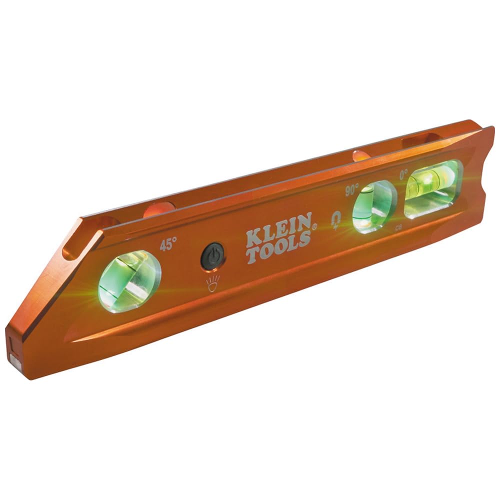 Klein Tools 935RBLT lighted level with magnet track for secure placement on metal surfaces.