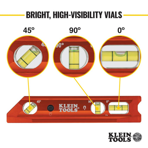 Klein Tools 935RBLT top-view vial windows for easy viewing from angles.