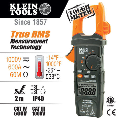Klein Tools CL700 TRMS measures up to 600A for precise current checks