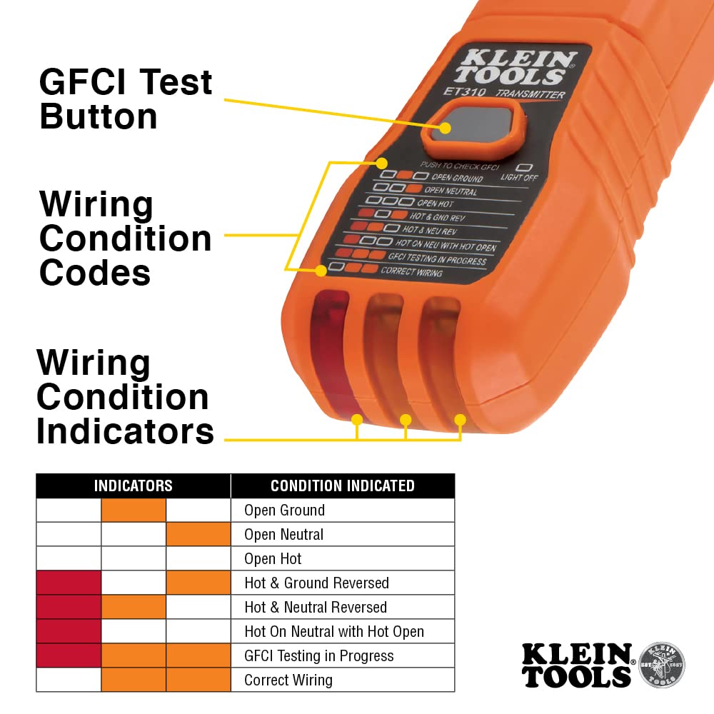 Klein Tools ET310 built-in GFCI tester validates outlet wiring and safety checks.