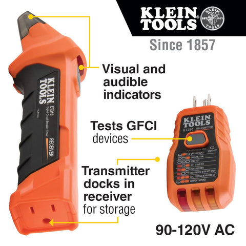 Klein Tools ET310 receiver scans a panel to locate the correct breaker.