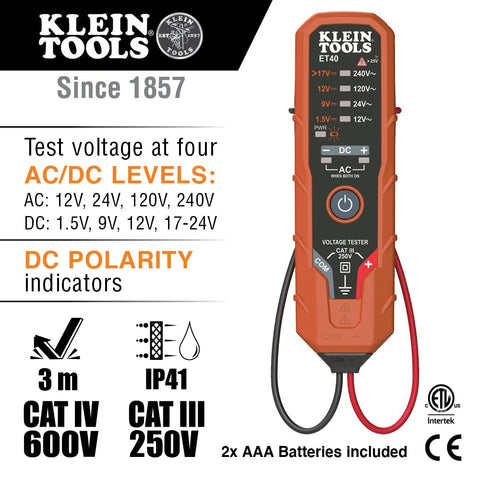 Klein Tools ET40 tests AC 12-240V and DC 1.5-24V with multiple levels.