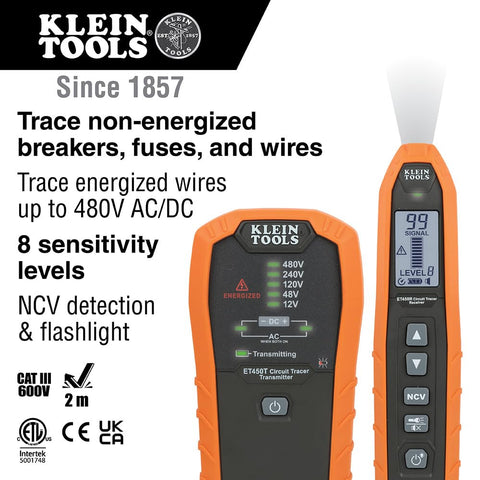Klein Tools ET450 receiver shows signal strength with audible beep and LED indicators