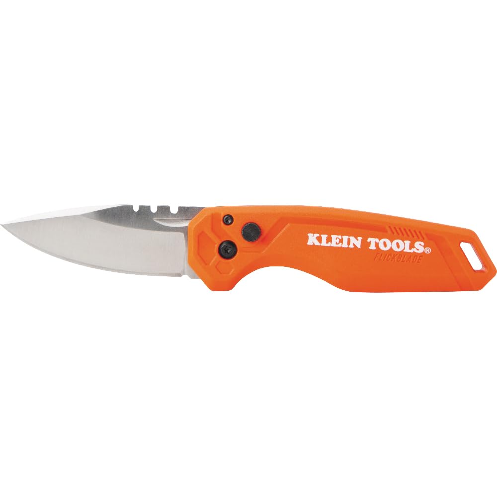 Klein Tools FlickBlade folding knife in hand shows compact EDC design.