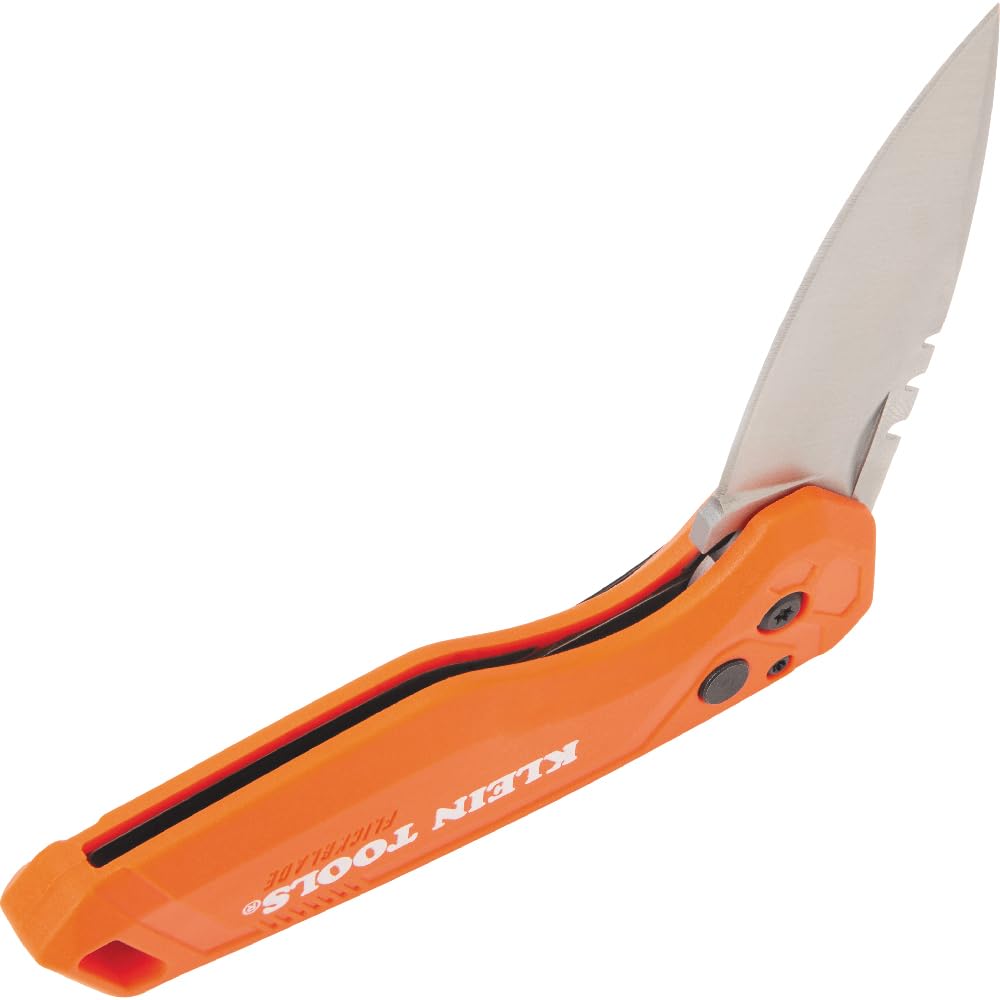 Stainless steel drop point blade on FlickBlade emphasizes sharp, durable edge.