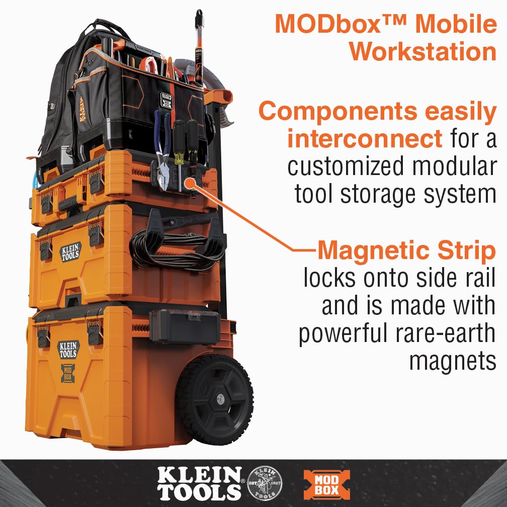 Klein Tools MODbox tools in motion with magnets holding items steady.