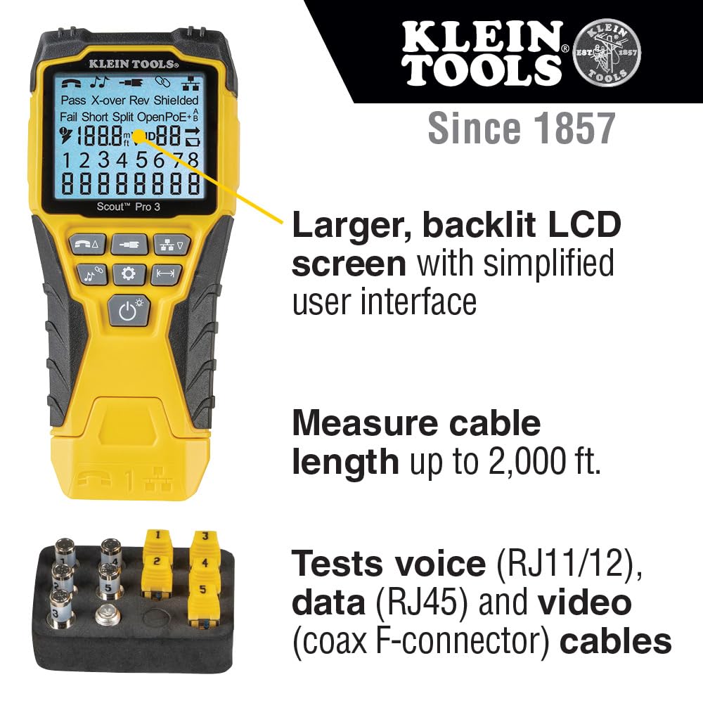 Klein Tools VDV501-851 backlit display aids testing in dim light.