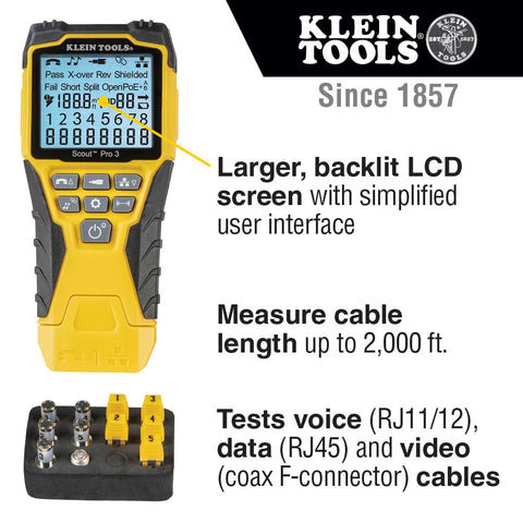 Klein Tools VDV501-851 backlit display aids testing in dim light.