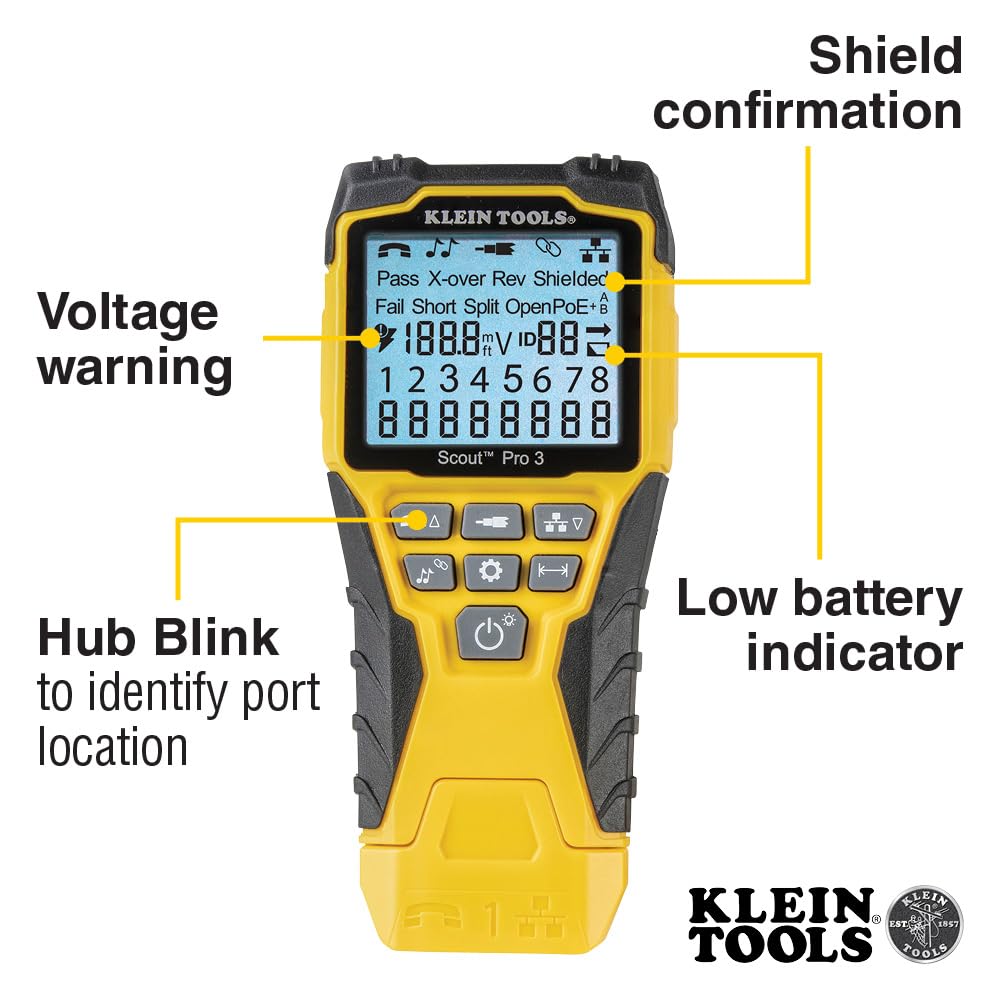 Klein Tools VDV501-851 tests voice and data cables (RJ11/12, RJ45).