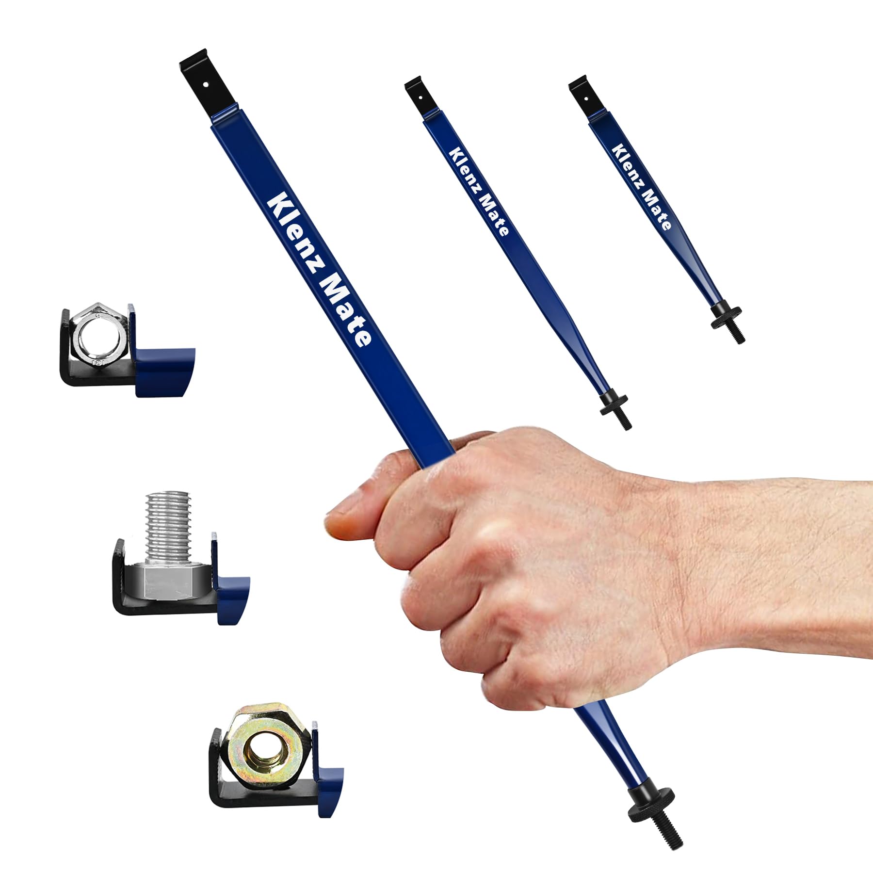 KlenzMate 14.76-inch extension clamp in use reaching fasteners in tight automotive spaces.