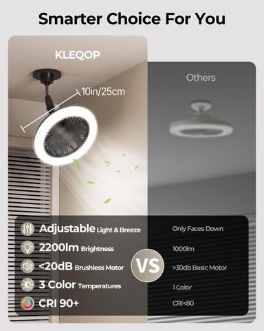 Kleqop 180-degree extender angle for precise light and breeze.