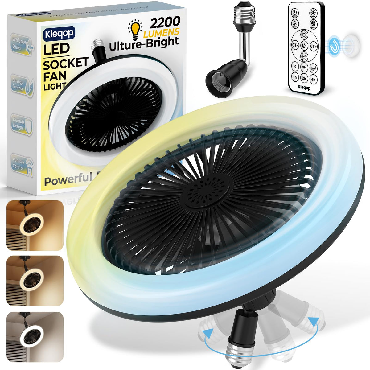 Kleqop black socket fan light pivot head for flexible lighting and airflow.