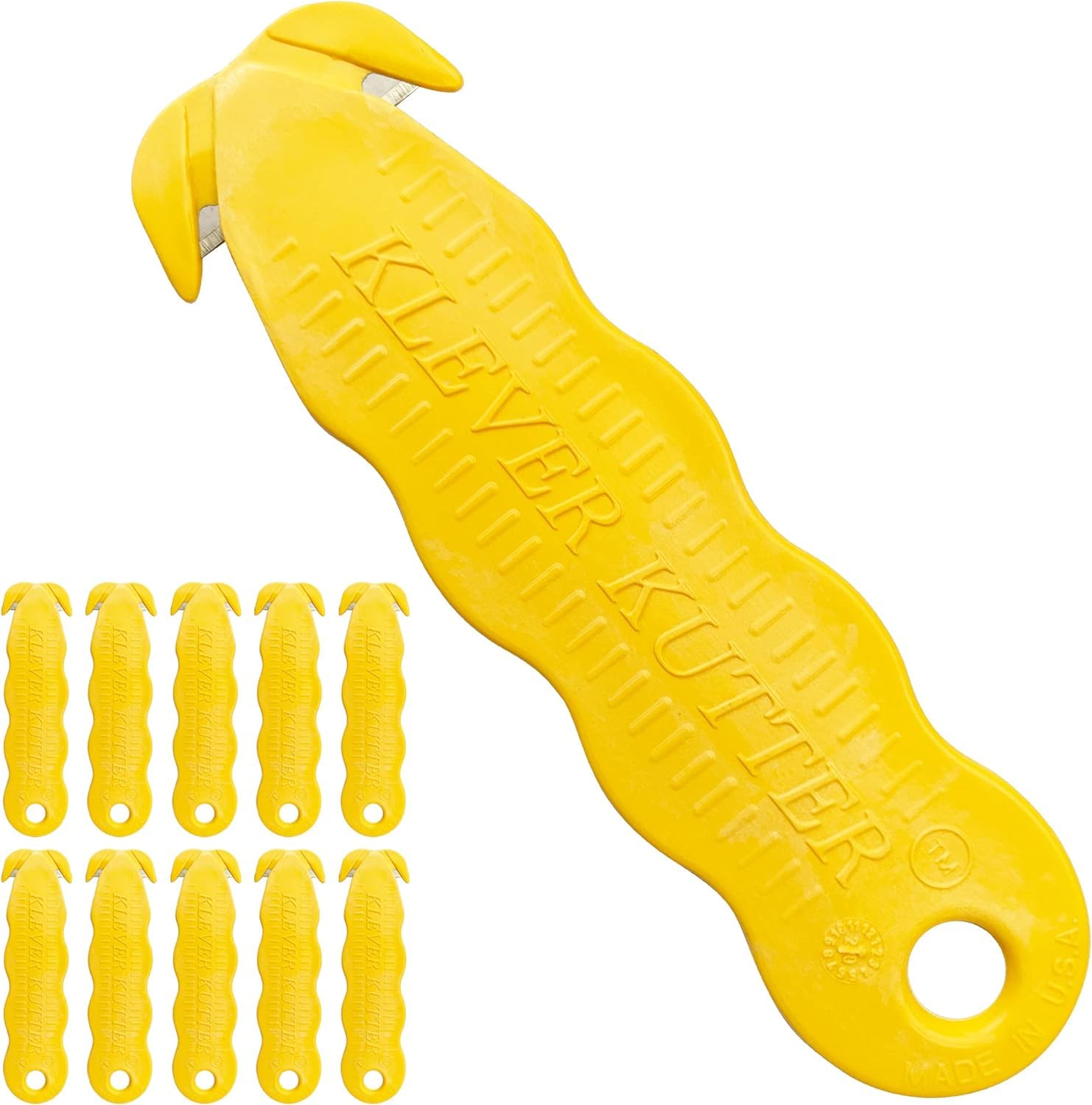 Klever Kutter box cutter with yellow handle for comfortable, safe box opening.