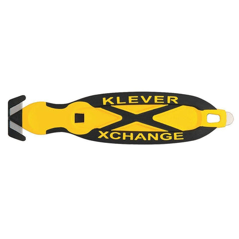 Klever Kutter Xchange Cutter with yellow handle enables safe, efficient box opening