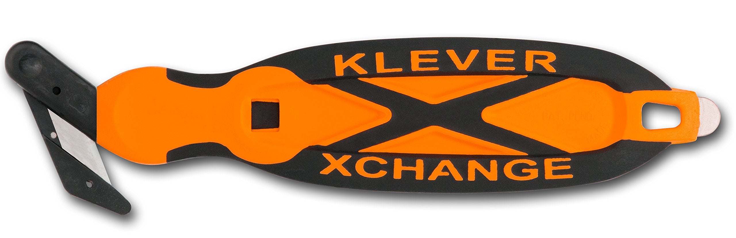 Klever XChange safety cutter full view in orange for easy box opening.