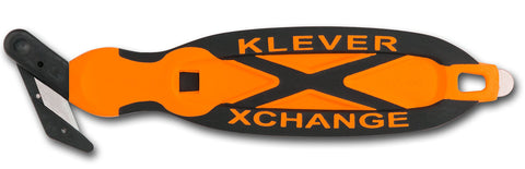 Klever XChange safety cutter full view in orange for easy box opening.