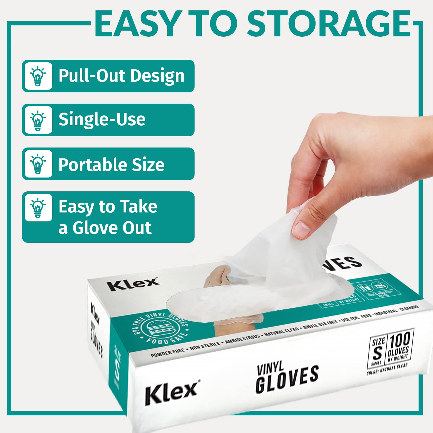 Klex extra-thick vinyl gloves with a smooth finish and tear resistance.