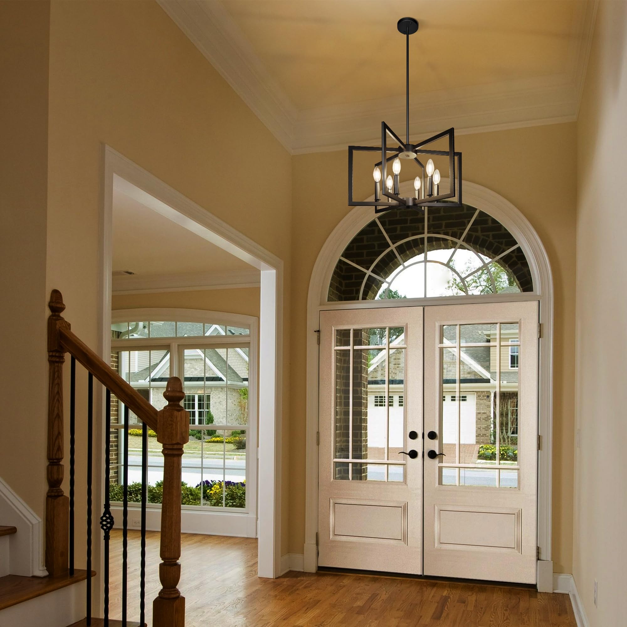 Klgxnrd farmhouse chandelier brightening stairways with durable black metal finish.