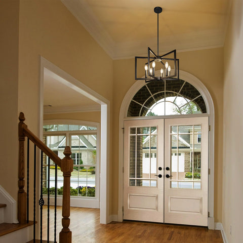 Klgxnrd farmhouse chandelier brightening stairways with durable black metal finish.