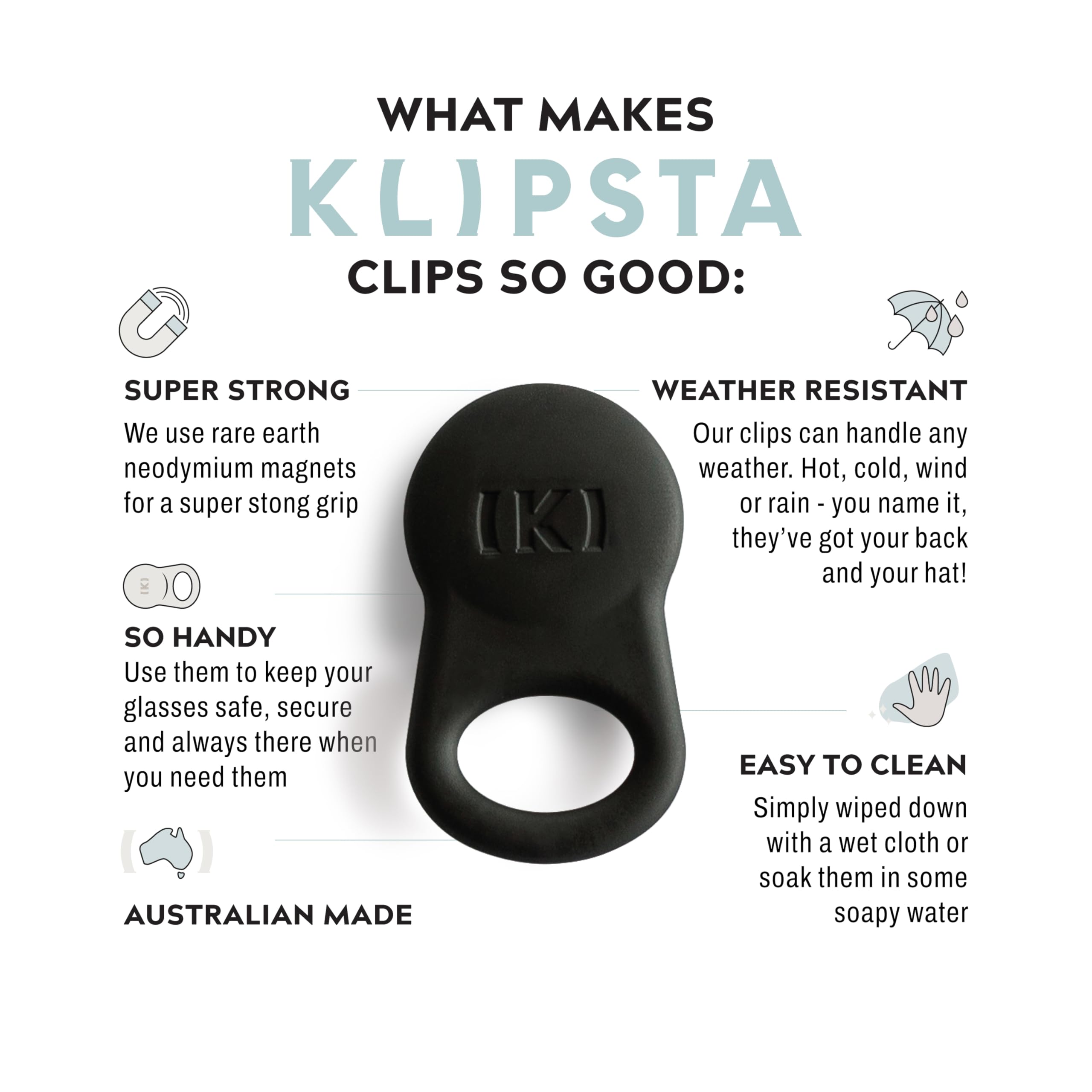 KLIPSTA SPEX hands-free clip keeps sunglasses ready and within reach.