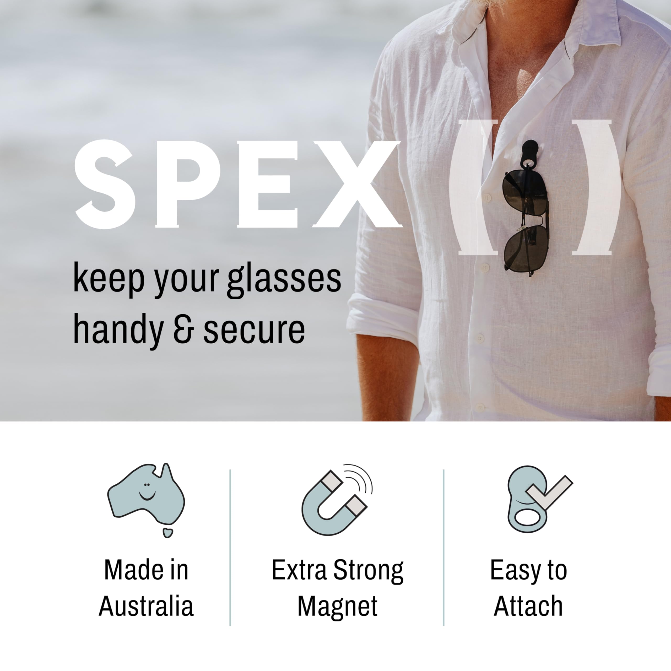 KLIPSTA SPEX sleek design on outfit keeps glasses handy and accessible.