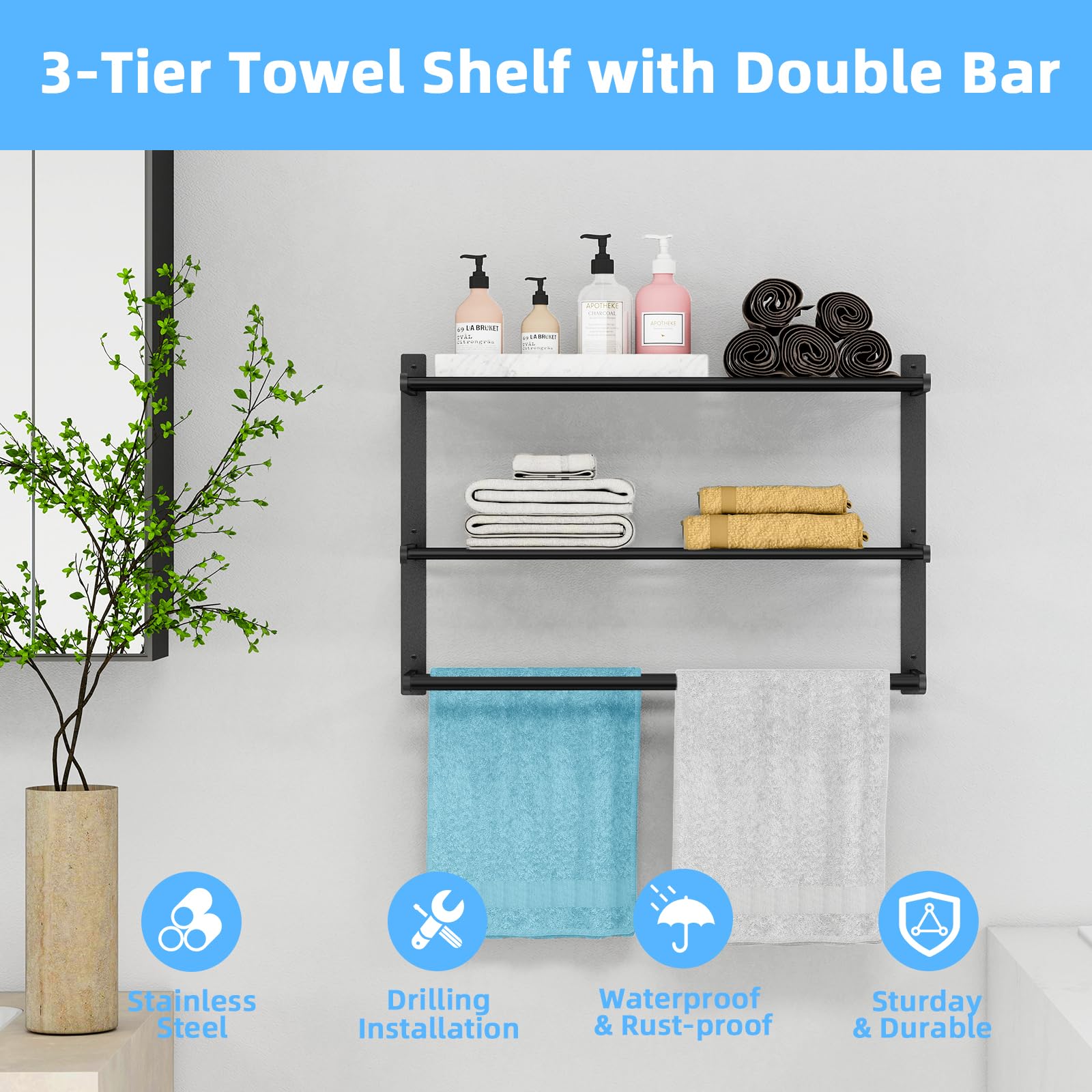 KLJKPA 3-tier towel shelf with double bar for towels and robes
