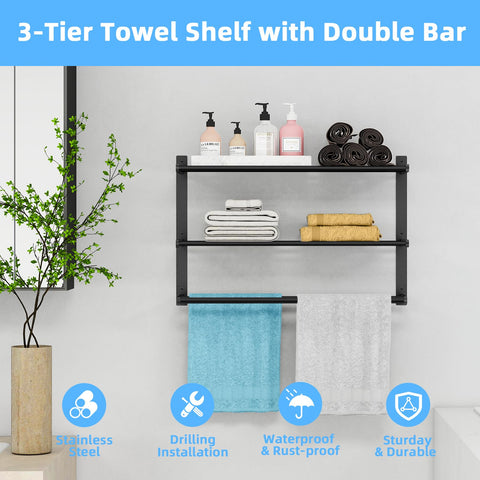 KLJKPA 3-tier towel shelf with double bar for towels and robes