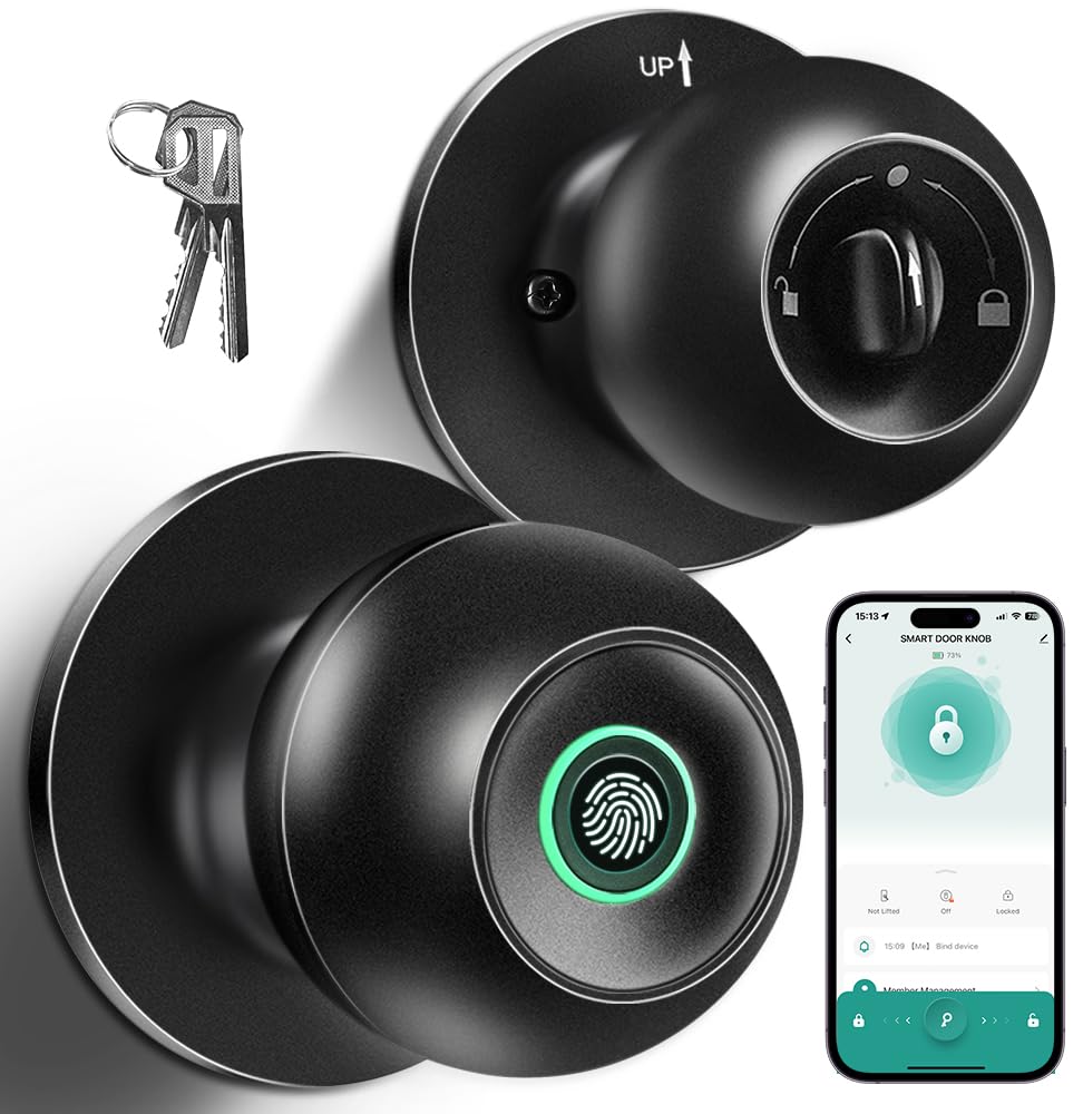 KLLOQUE fingerprint door lock front view showing sleek biometric knob for secure entry