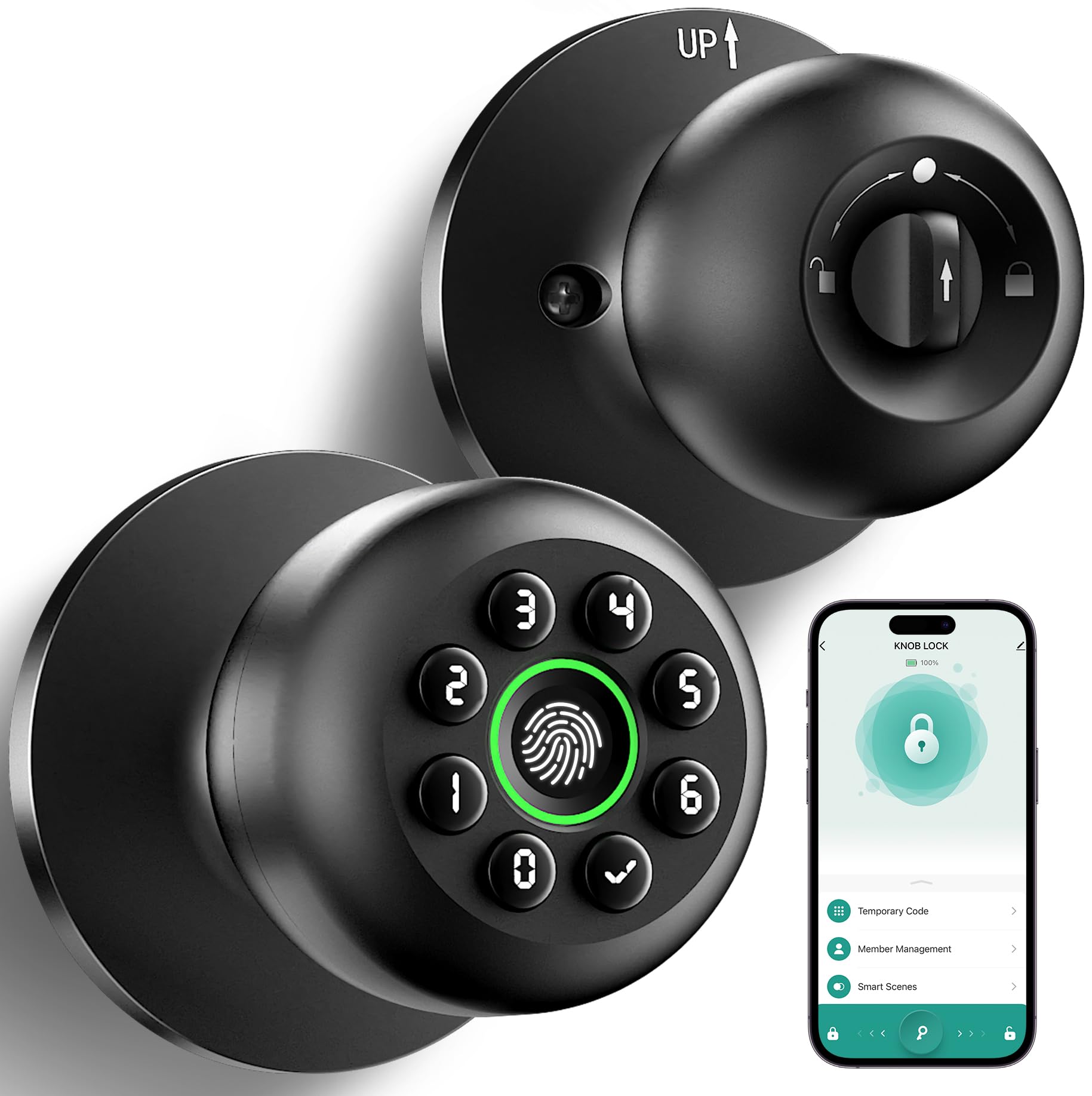 KLLOQUE fingerprint door lock matte black front view for secure entry