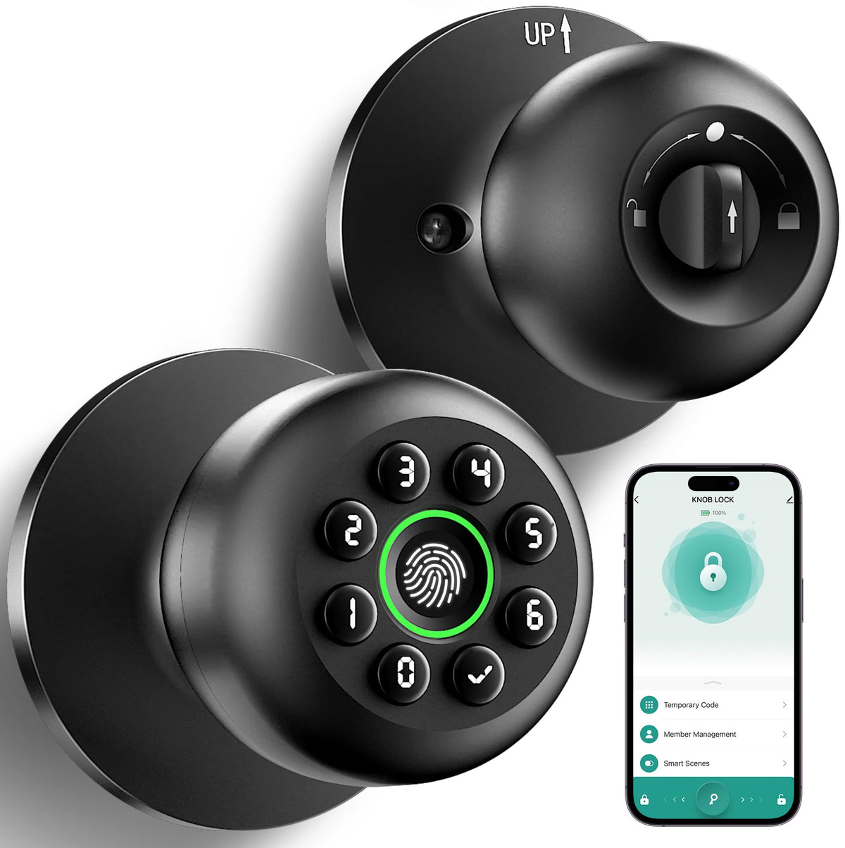 KLLOQUE fingerprint door lock matte black front view for secure entry