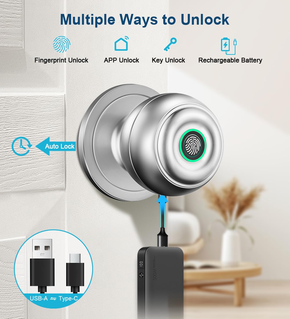 KLLOQUE fingerprint door lock side installation showing sleek silver finish.