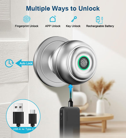 KLLOQUE fingerprint door lock side installation showing sleek silver finish.