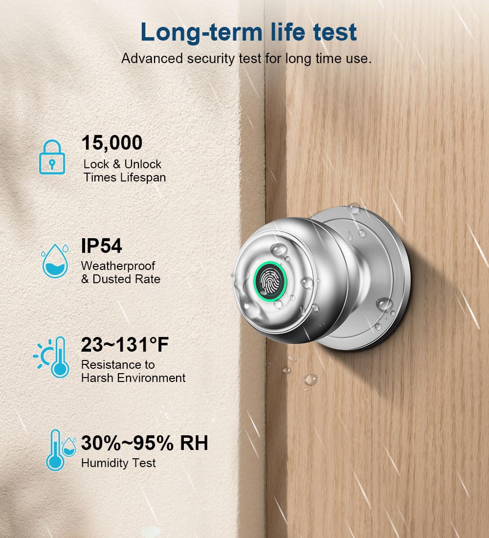 KLLOQUE smart app control UI shows fingerprint management and access history.