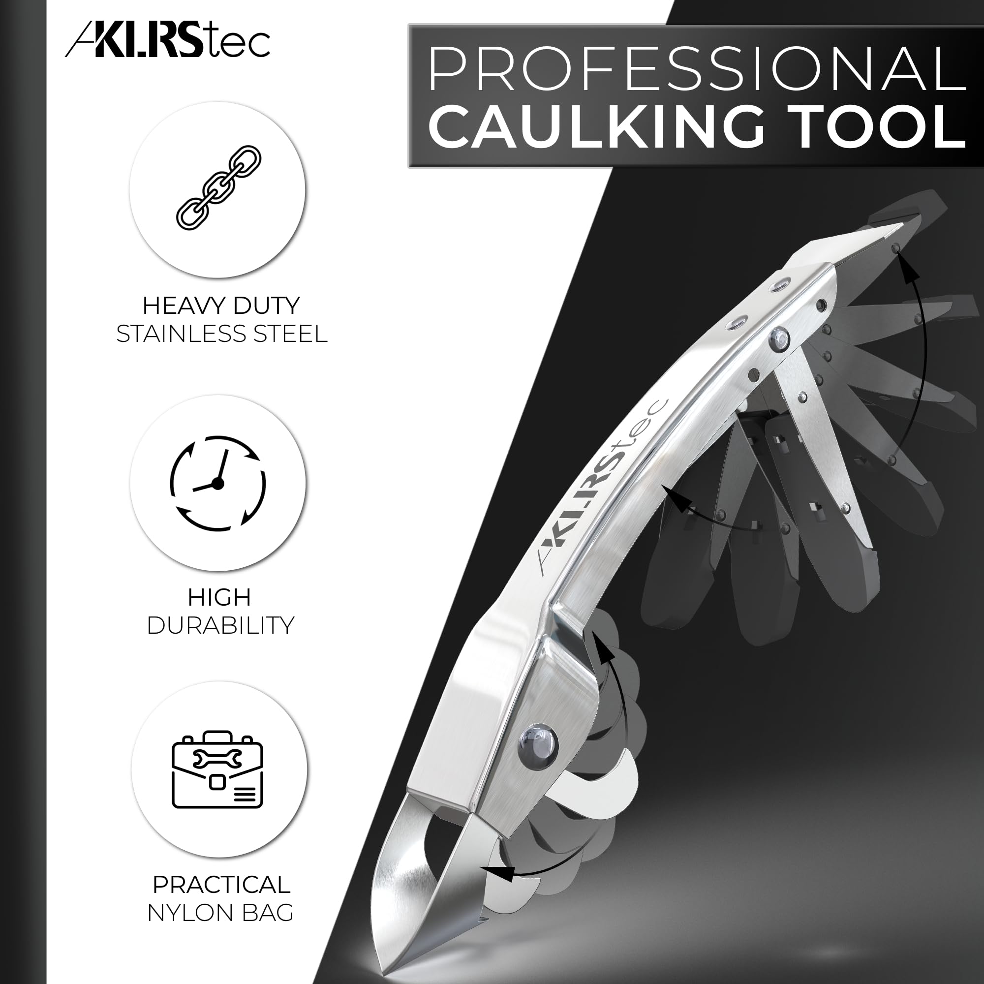 KLRS KLRStec fold-out caulk remover arm for precise joint shaping.