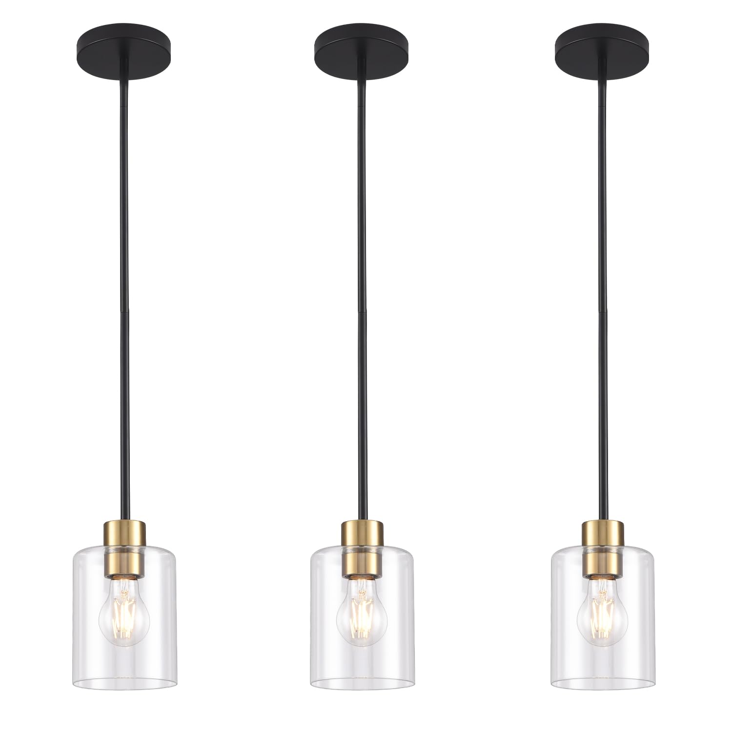KLSS black brass pendant light with 12 inch stem illuminates island for modern styling