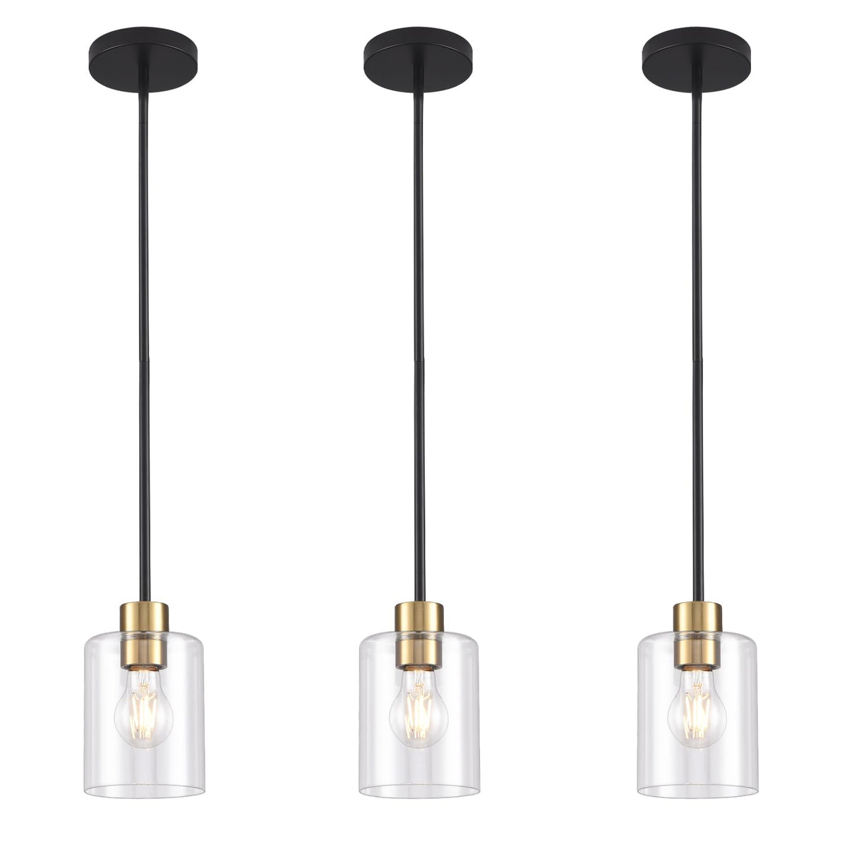 KLSS black brass pendant light with 12 inch stem illuminates island for modern styling