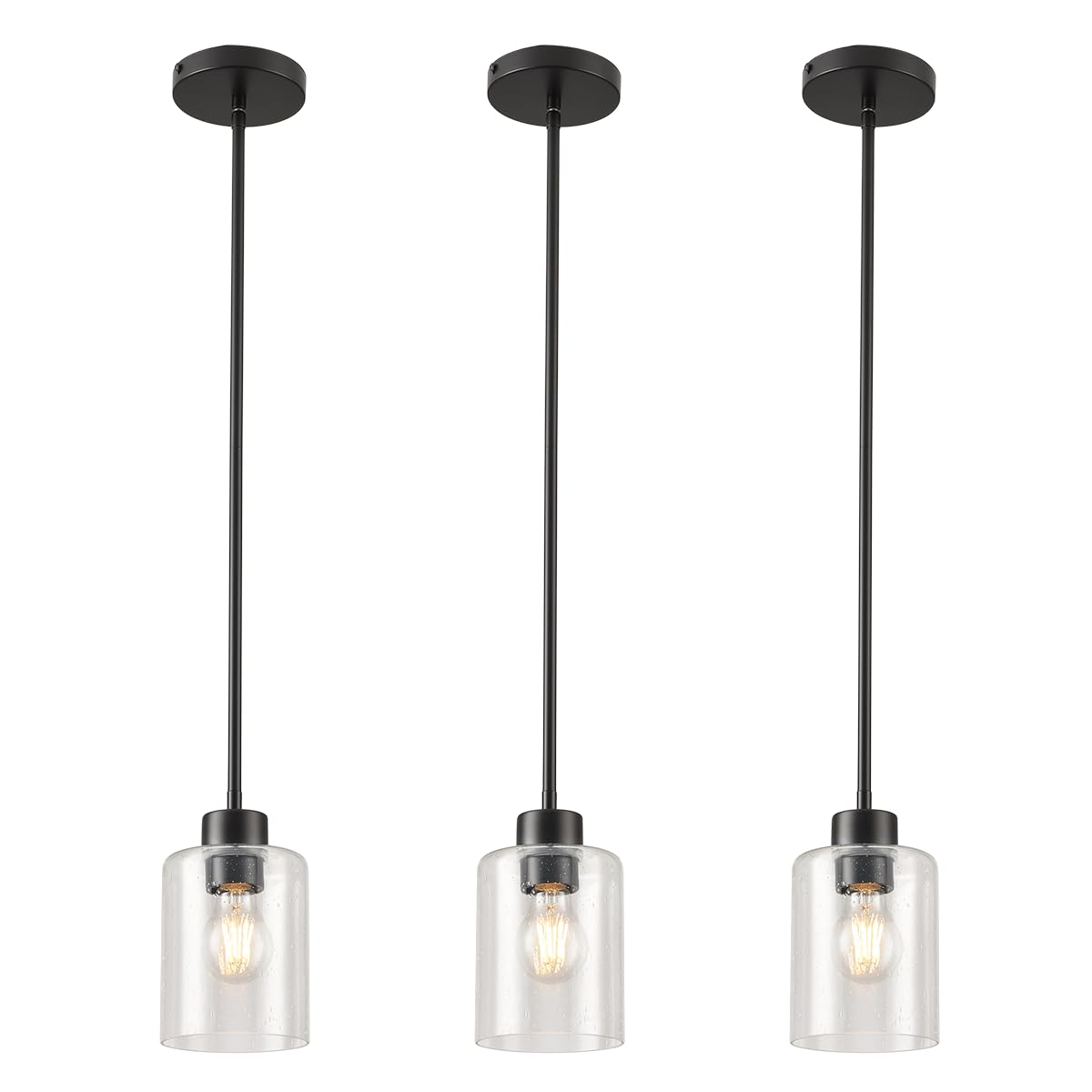 KLSS black seed glass pendant lights in a 3-pack over a modern kitchen island