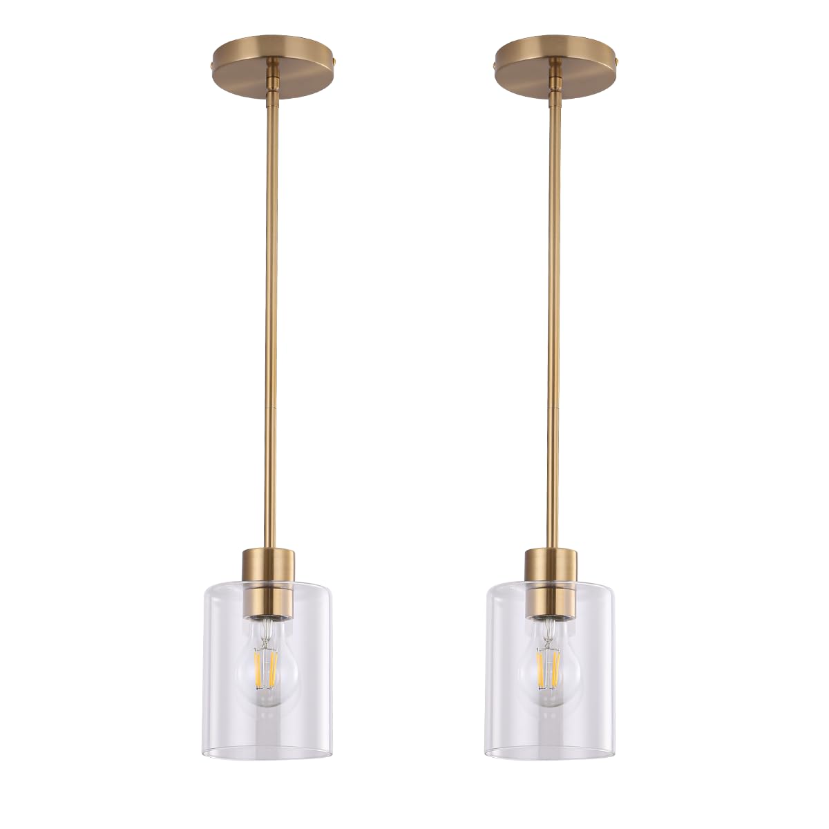 KLSS brass pendant light with clear glass shade over a kitchen island.