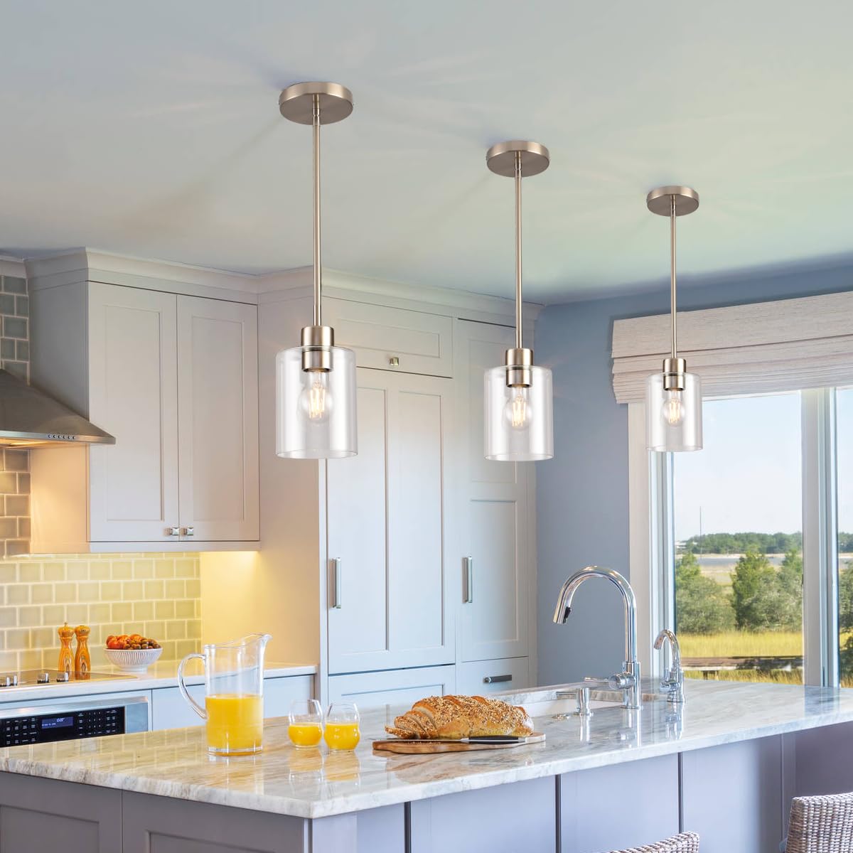 KLSS Brushed Nickel pendant light with island grouping showing modern farmhouse charm